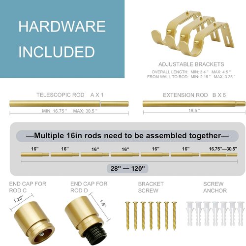 Byondeth Adjustable Curtain Rods - 16 to 120 Inches | 1 Inch Diameter with Flash Gold Aluminium Finials