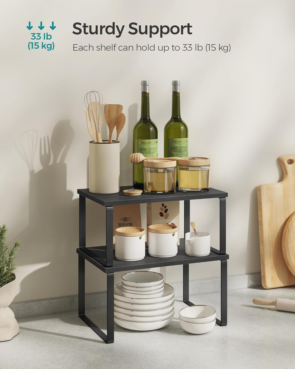 SONGMICS Kitchen Organizer Shelf Set - Stackable & Expandable Spice Rack - Metal & Engineered Wood - Ink Black & Ebony Black
