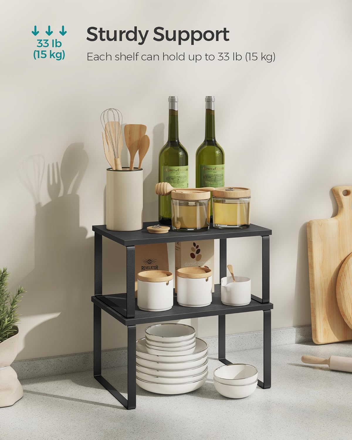 SONGMICS Kitchen Organizer Shelf Set - Stackable & Expandable Spice Rack - Metal & Engineered Wood - Ink Black & Ebony Black