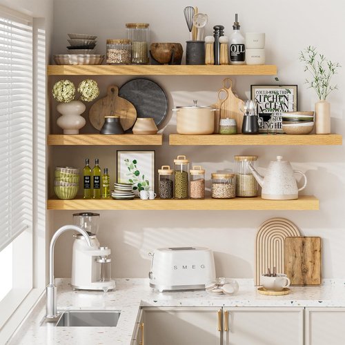 Heimlove Floating Shelves - 48W x 12D Long Wood Shelves with Heavy Duty Bracket | Set of 2, Oak Finish