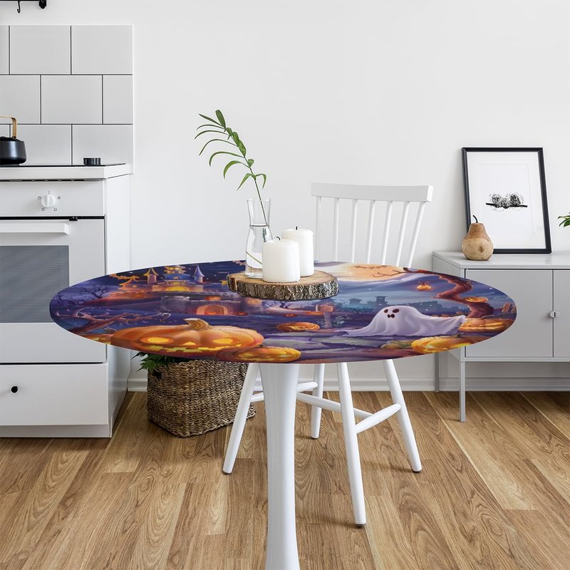 cfpolar Round Tablecloth with Elastic Edge Halloween Pumpkin bat Ghosts Round Fitted Table Cover Waterproof Wipeable Circle Table Cloths for Dining Kitchen Pattry Patio Outdoor (Fit for 45"-50")