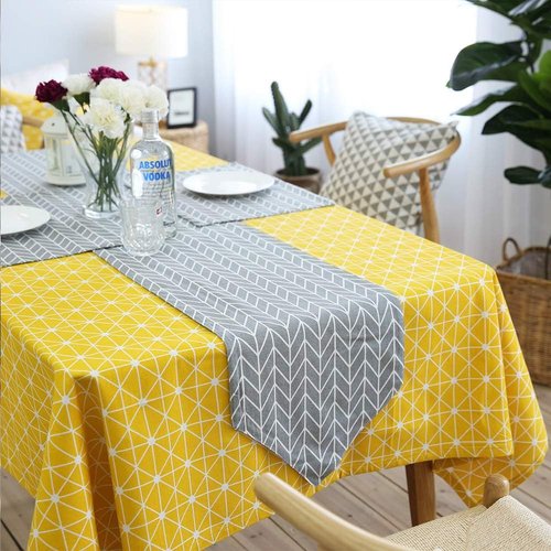 meioro Yellow Boho Table Cloth Rectangle Cotton Linen Nordic Twill Tablecloths Wrinkle Free Fabric Checkerboard Stripe Table Cloths Rustic Cover for Kitchen Dining Party Outdoor Picnic(55 x 86 Inch)