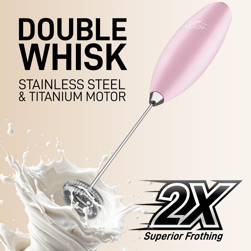 Zulay Kitchen Powerful Double Whisk Milk Frother Handheld - Foam Maker With Stand - Whisk Drink Mixer for Coffee, Mini Foamer for Latte, Matcha, Frappe, Hot Chocolate & Cappuccino - Magnetic Pink