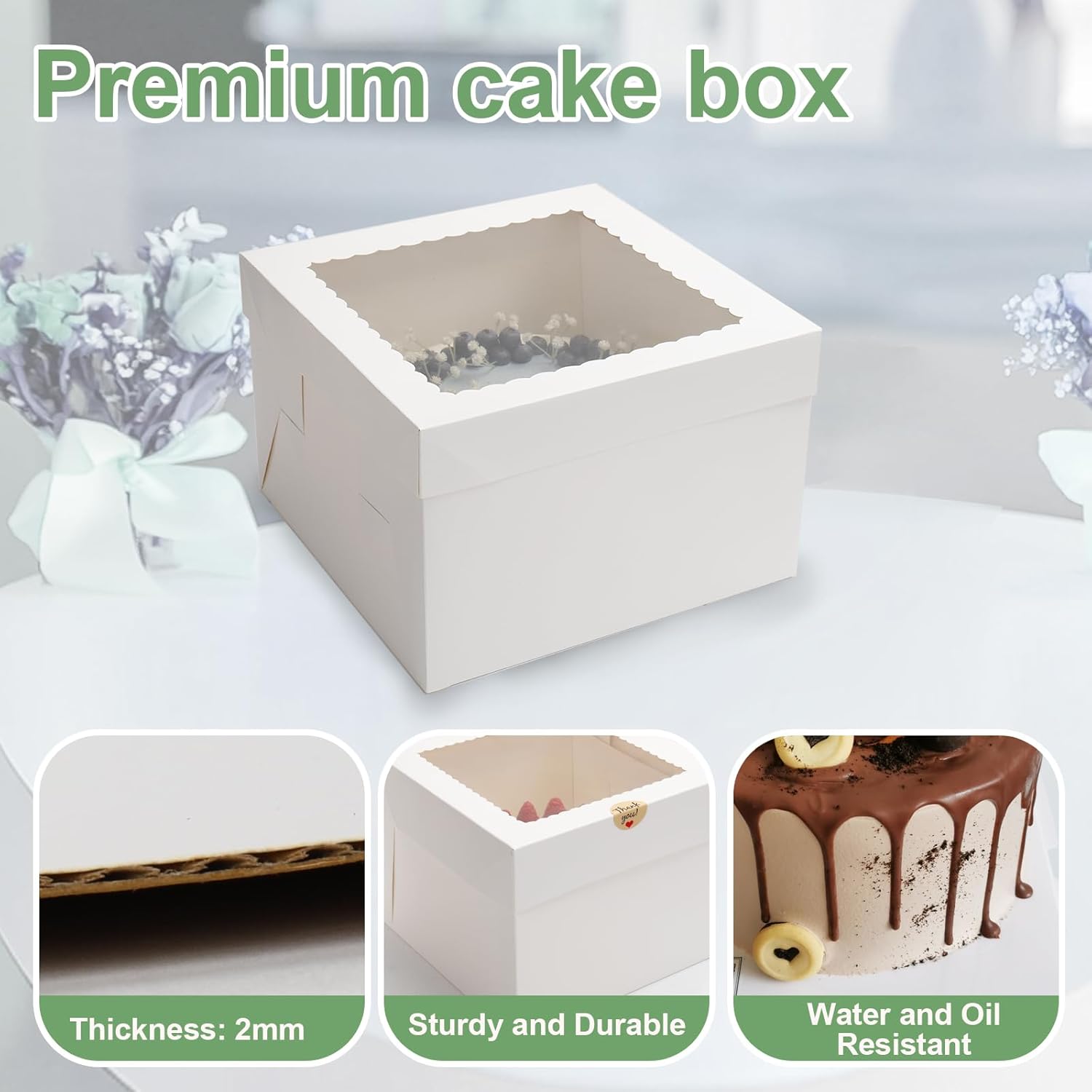 Regine Switzerland 2 Pack Cake Boxes - 12x12x8 Inches with Large Window | Disposable Bakery Containers for Cakes, Cookies, Pies