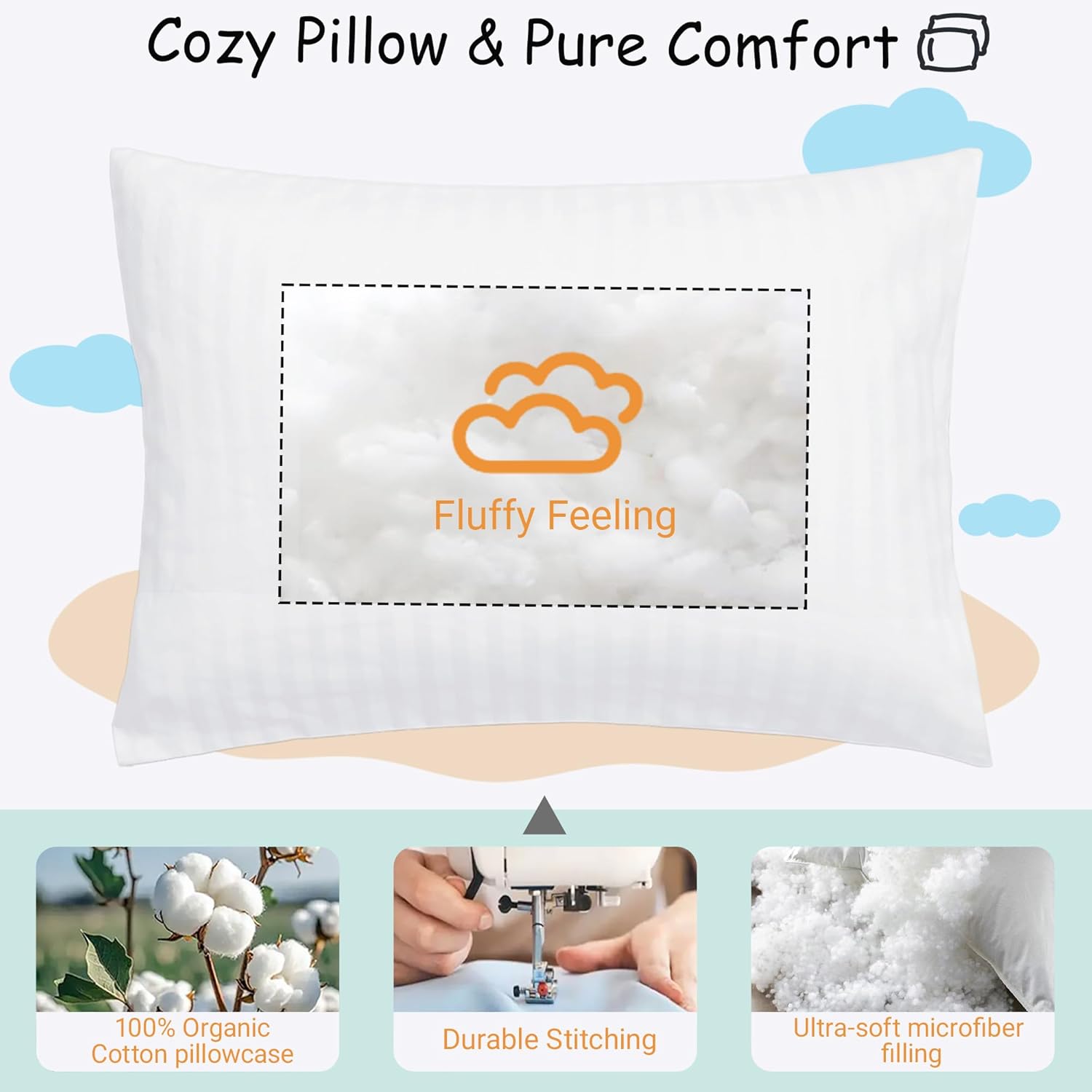 ZPECC Toddler Pillow - Hypoallergenic Organic Cotton Pillowcase | 13x18 for Travel & Daycare, White Stripe