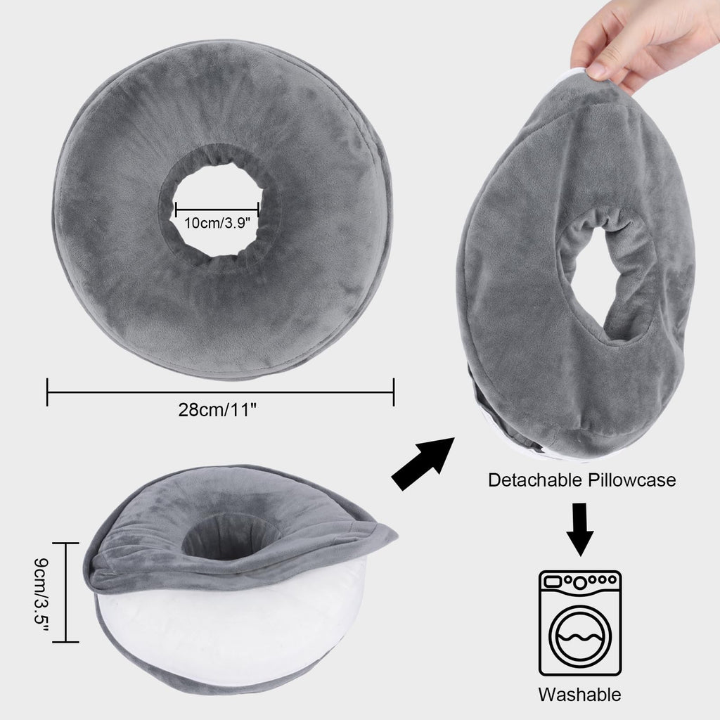 Winmany Ear Piercing Pillows with Detachable Plush Pillowcase for Side Sleepers Circle Donut Pillow for Ear Guard Protector Pain Relief Washable (Dark Grey)