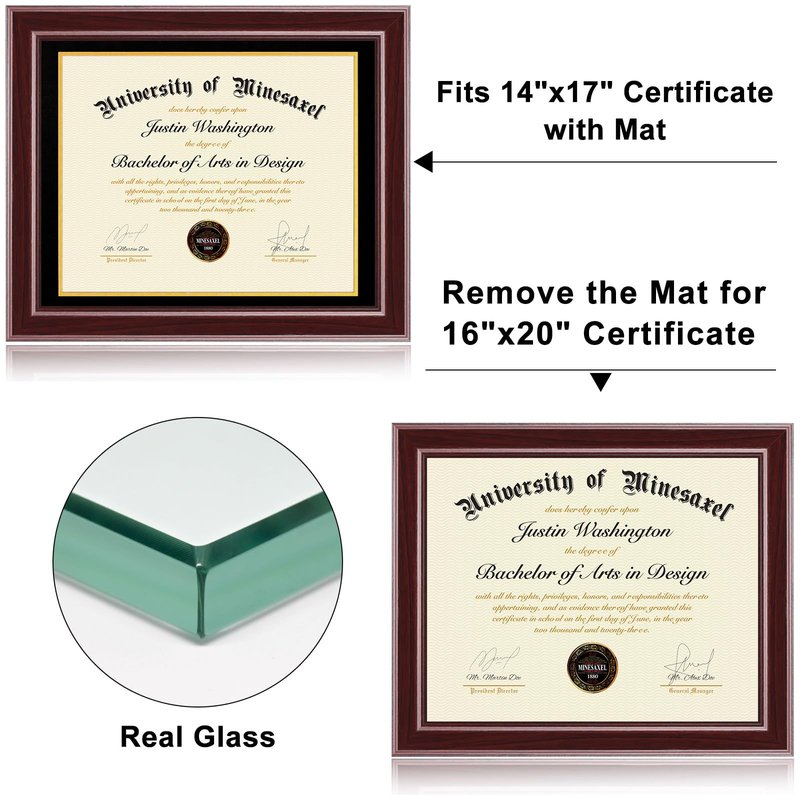 Minesaxel 16x20 Diploma Frames 14x17 with Black Mat, Fits Degree Certificate Document, 20 x 16 Cherry Red Frame with Tempered Glass Panel for Wall Mounting
