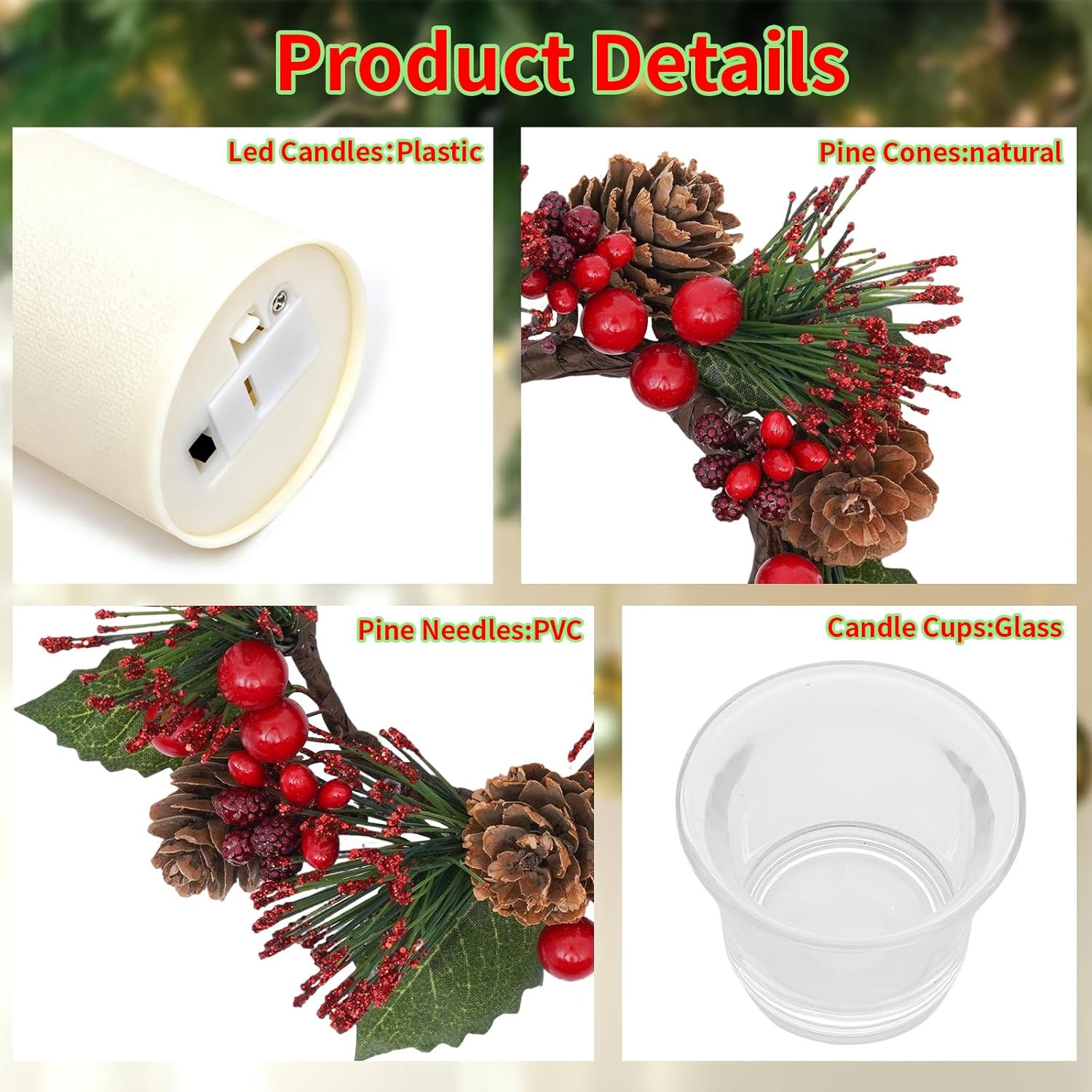 Regine Switzerland Candle Rings Set of 6 - Festive Wreaths with Red Berries & Pinecones for Christmas Decor