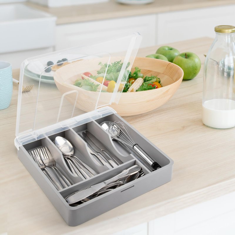 QINOL Bamboo Silverware Tray with Lid, Utensil Drawer Organizer for Kitchen Countertop, Wooden Flatware Organizers and Storage Holder, Bamboo Grey