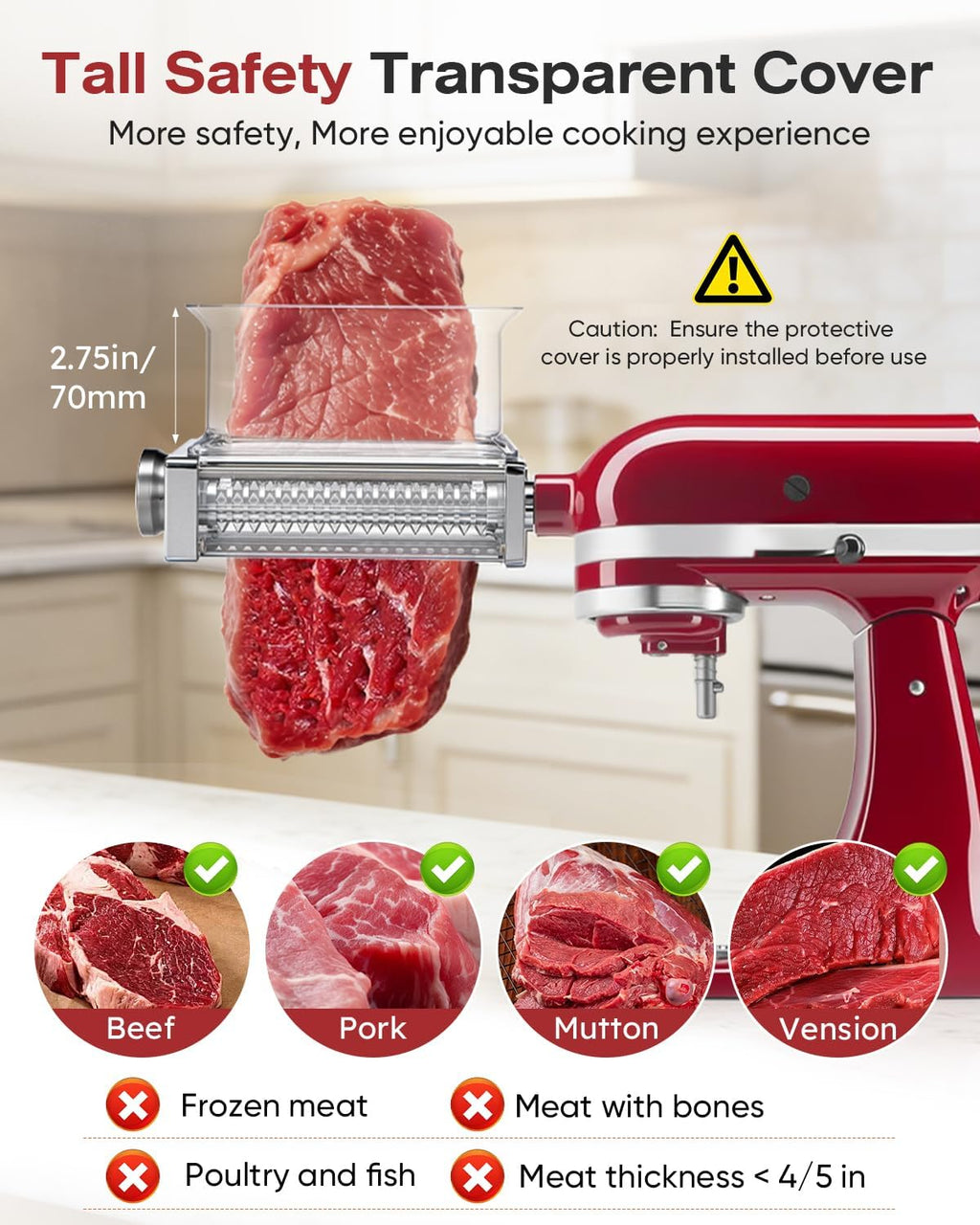 Skiennix Adjustable Meat Tenderizer Attachment - 3 Thickness Settings for KitchenAid Mixers