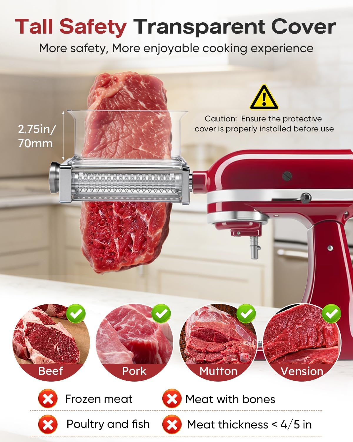 Skiennix Adjustable Meat Tenderizer Attachment - 3 Thickness Settings for KitchenAid Mixers