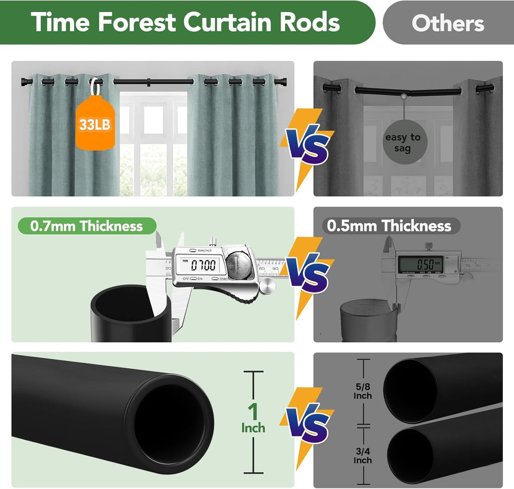Time Forest Black Curtain Rods - Adjustable 32 to 120 Inch Heavy Duty, Modern Style for Indoor/Outdoor Use