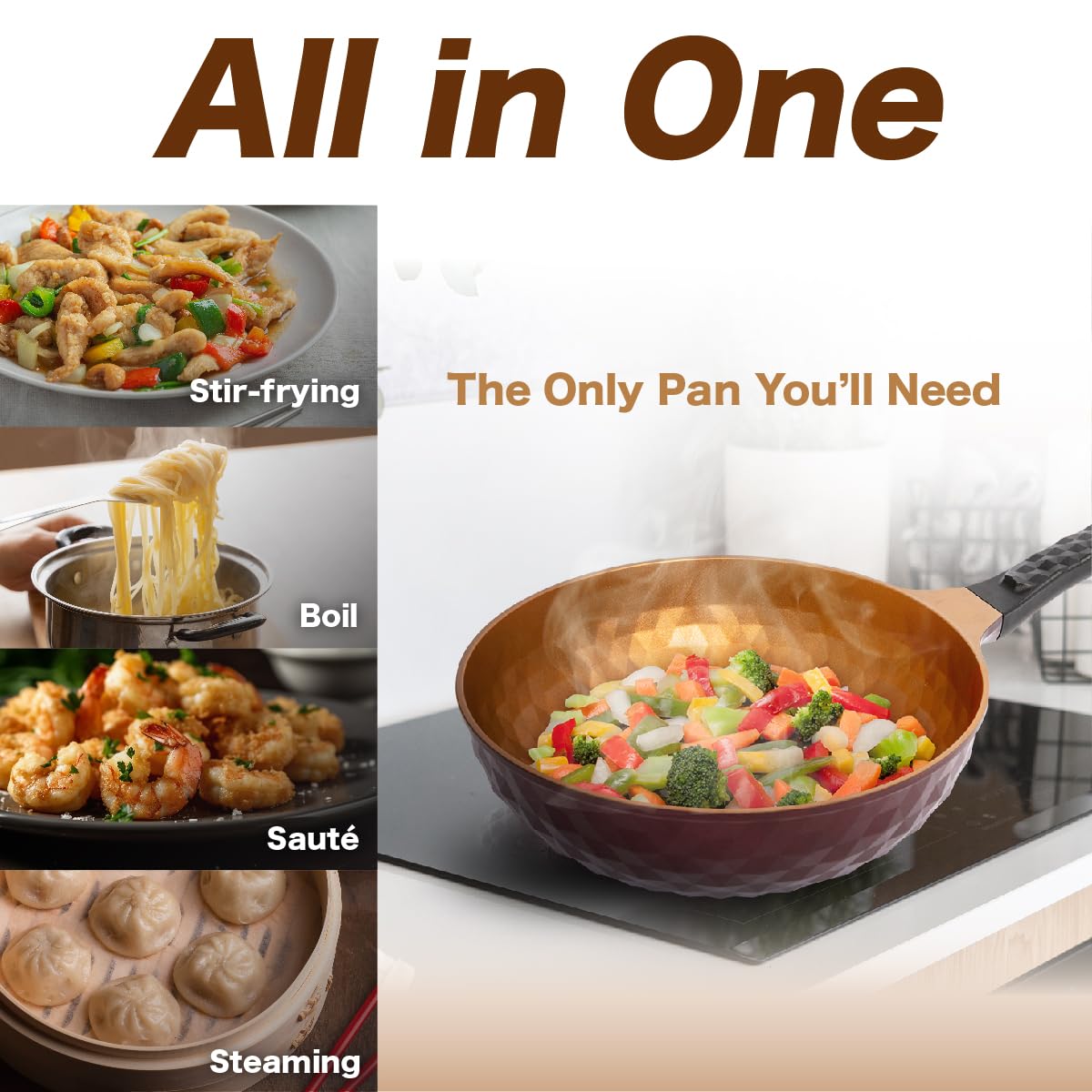 Diamond X Premium Non Stick Wok Pan - 11" Large Flat Bottom Chinese Wok - Woks & Stir-fry Pans Nonstick - Titanium-Coated 8-Layered Korean Engineered Skillet for Frying, Oil-Free, PFOA-Free