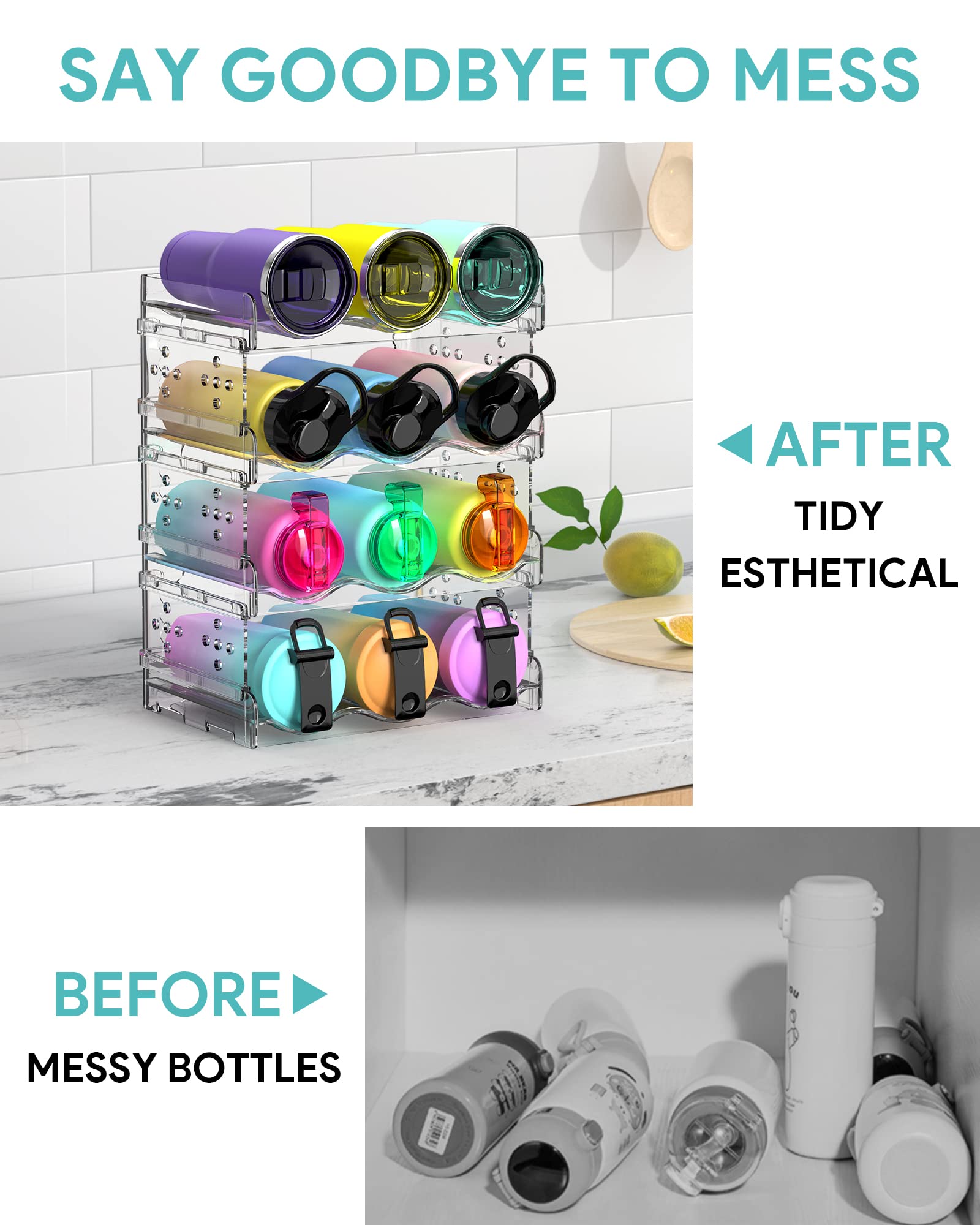 Water Bottle Organizer - 4 Pack Stackable Cup Organizer for Cabinet, Countertop, Pantry and Fridge, Free-Standing Tumbler Kitchen Storage Holder for Wine and Drink Bottles, Clear Plastic