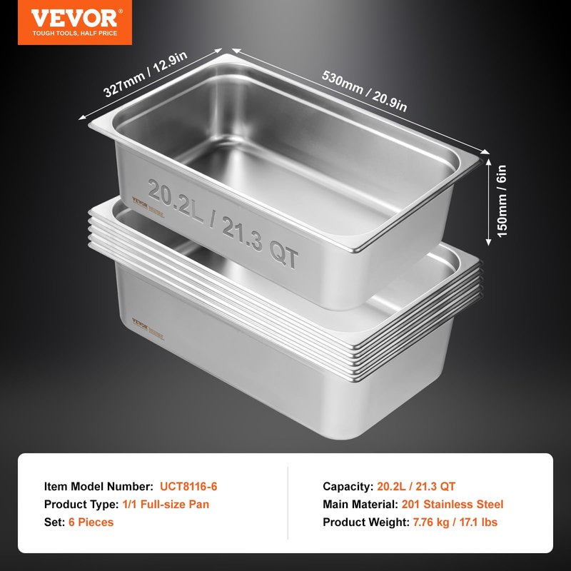 VEVOR 6 Pack Hotel Pans, Full Size 0.8mm Thick 6-Inch Deep Commercial Stainless Steel Restaurant Steam Table Pan, Catering Storage Food Pan, for Industrial & Scientific