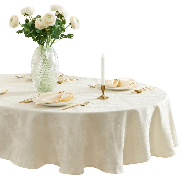 Newbridge Barcelona Luxury Damask Fabric Tablecloth, 60” Wide x 120” Oval, Antique White, 100% Polyester, No Iron, Soil Resistant Dining Room, Party and Banquet Table Cover