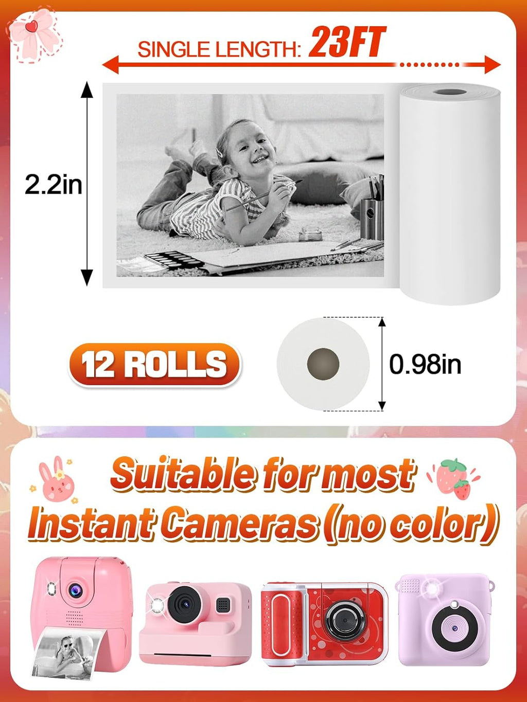 Skiennix Instant Camera Print Refill Paper - 12 Rolls of Thermal Photo Printer Paper for Kids, Perfect Birthday Gift
