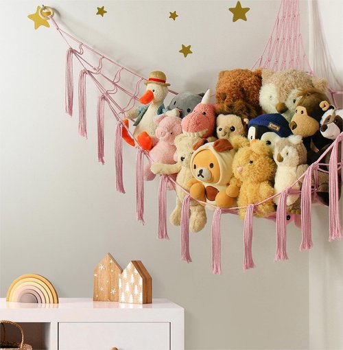 Mirolam Stuffed Animal Storage Hammock Net - Large Pink Toy Organizer for Baby Nursery Decor