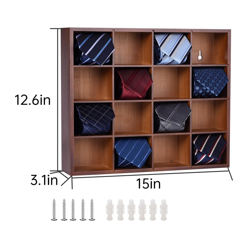 Ribgwo Tie Organizer Wall Mounted Tie Rack,Tie Box for Men,Tie Box Organizer with 16 Compartments，Tie Display Racks for Bedroom, Changing Room, Men Wardrobe(Brown,2 PCS)