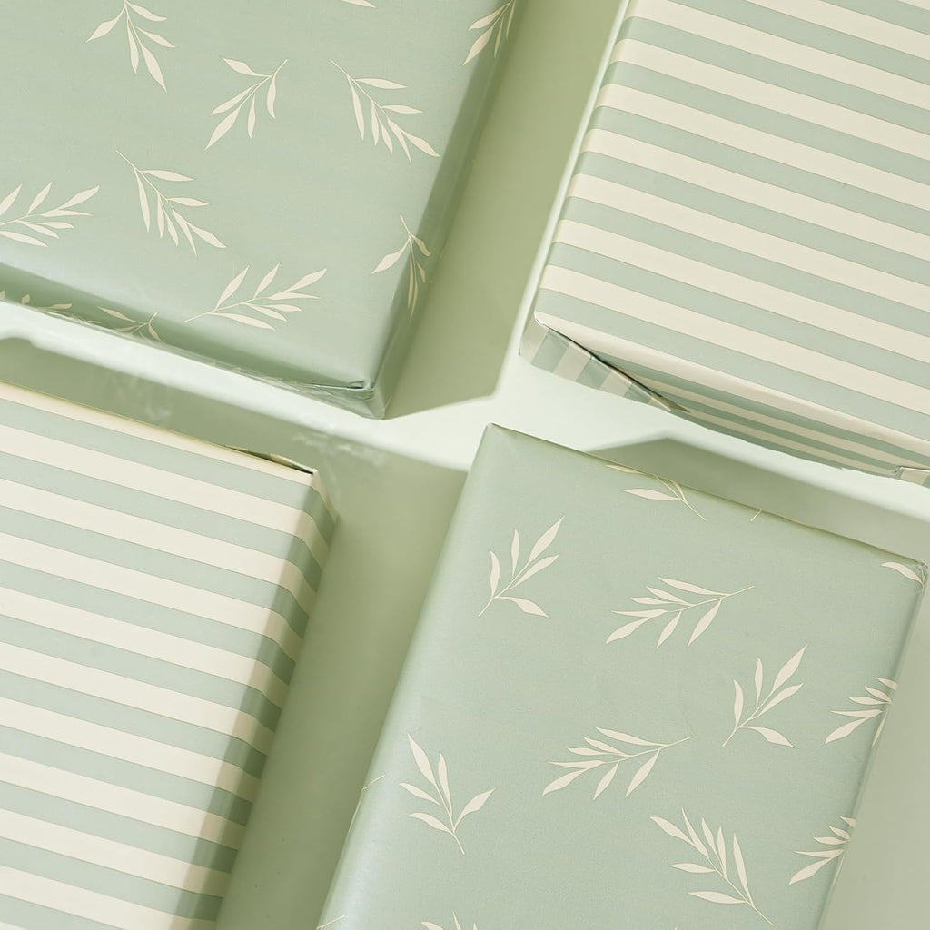 ZINTBIAL Reversible Gift Wrapping Paper Roll - Light Green & Beige Leaves Design | 17.5" x 33' (48 sq. ft.)