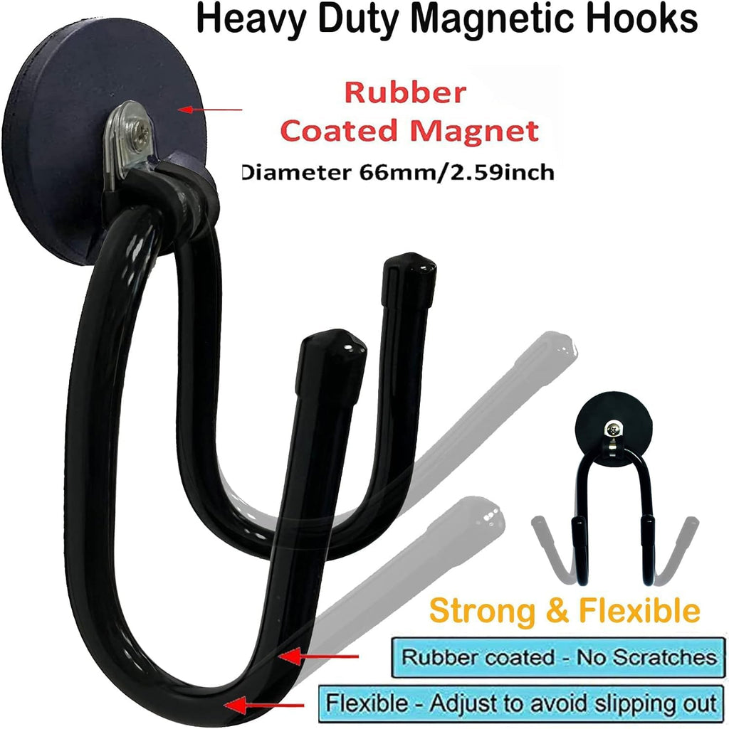 Pmsanzay Magnetic Garage Storage Hooks - Heavy Duty Rubber-Coated Organizers for Tools | 2 Pack (Black)