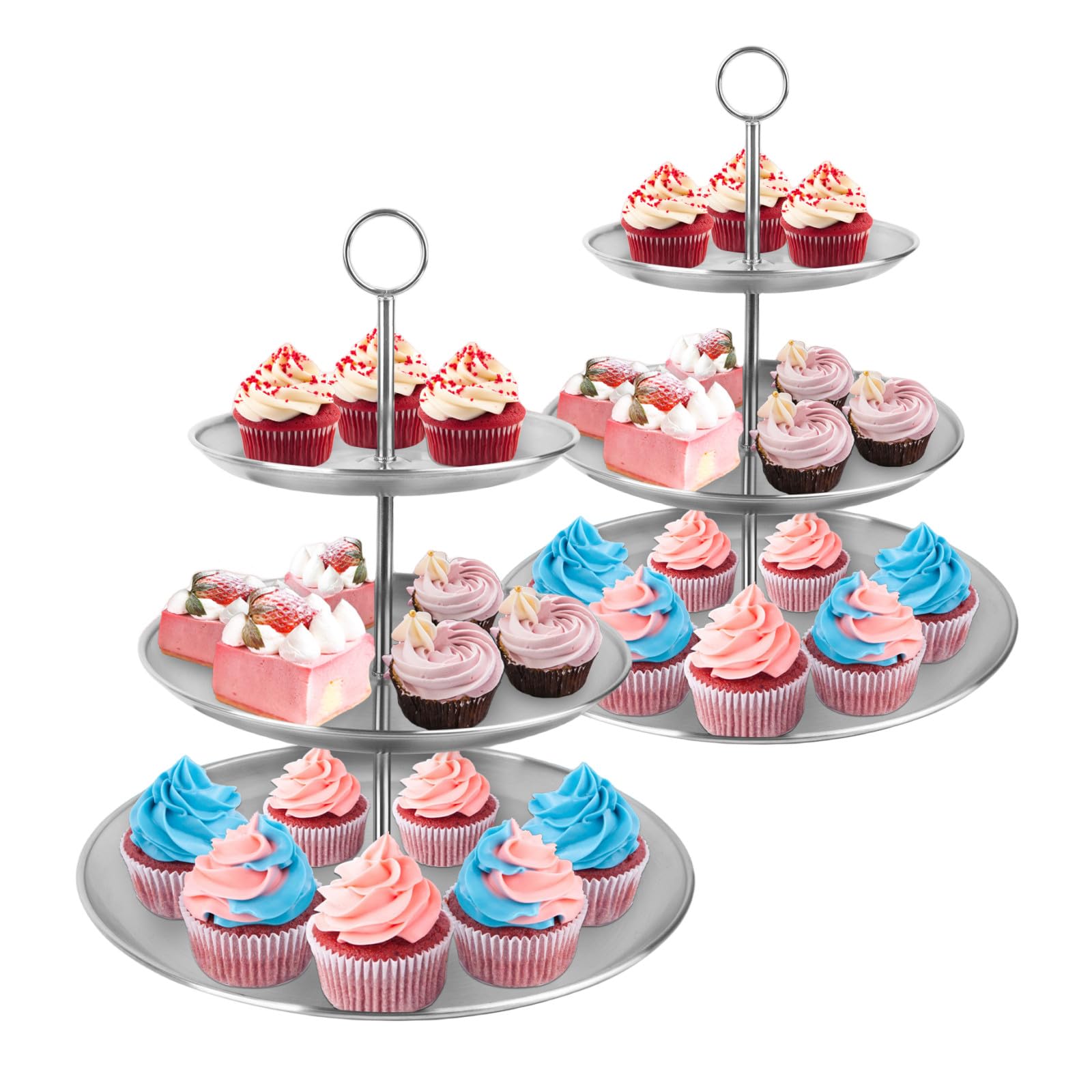 LIAISIMI 3 Tier Silver Cupcake Stand Stainless Steel Dessert Display Rack with Removable Tiered Tray for Parties,Weddings,Birthdays,Decorations,Any Festivals and Festivities(2 Pack)