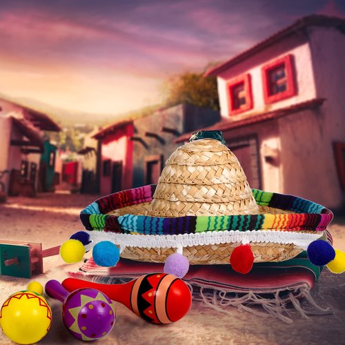 Honoson 12 Pcs Wooden Fiesta Maracas 6 Cinco De Mayo Mini Sombrero Top Hat for Sombrero Mexican Party Decor(36 Pcs,Cute Style)