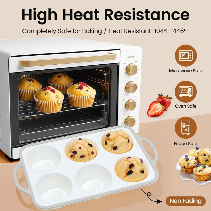 Fimary Silicone Jumbo Muffin Pan with Metal Frame, Non Stick Food Grade Silicone Large Muffin Pan, with Handles 6 Cup,BPA-Free and Dishwasher Safe, Jumbo Cupcake Pans - 2 Piece Gray