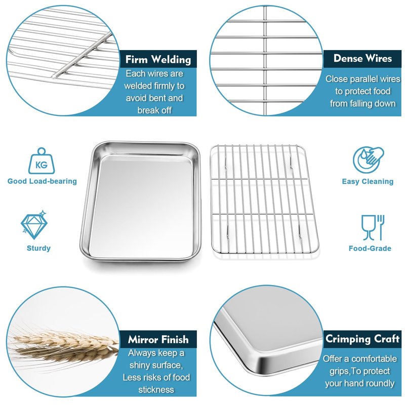 P&P CHEF 10.4 Inch Baking Oven Sheet Pan with Rack & Mat for Cookie, Stainless Steel Oven Sheet Tray Cooling Rack and Silicone Mat for Baking & Roasting, Dishwasher Safe & Healthy, 3Pcs