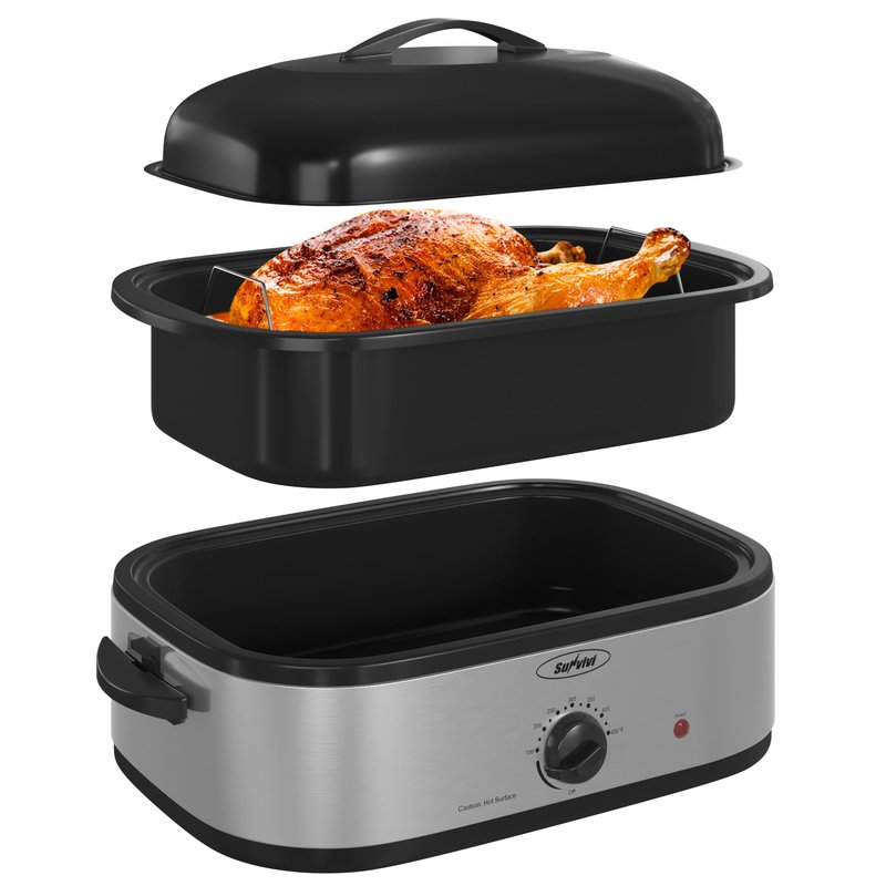 SUNVIVIPRO 14-Quart Electric Roaster Oven with Self-Basting Lid, Turkey Roaster Oven with Removable Pan and Rack, Stainless Steel, Sliver, 14 QT