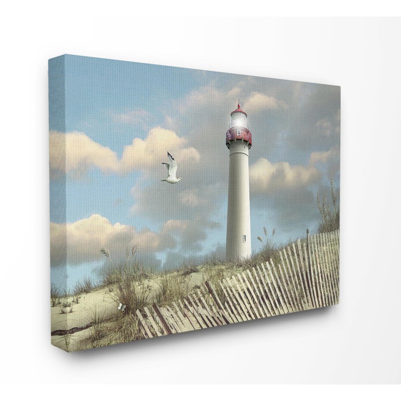 Stupell Industries 'Cape May Sand Dune Fence Lighthouse Beach Scene with Seagull', Canvas Art, 30 x 24 Inches, Easy to Hang and Sturdy, Made in USA, by Alan Giana & Company
