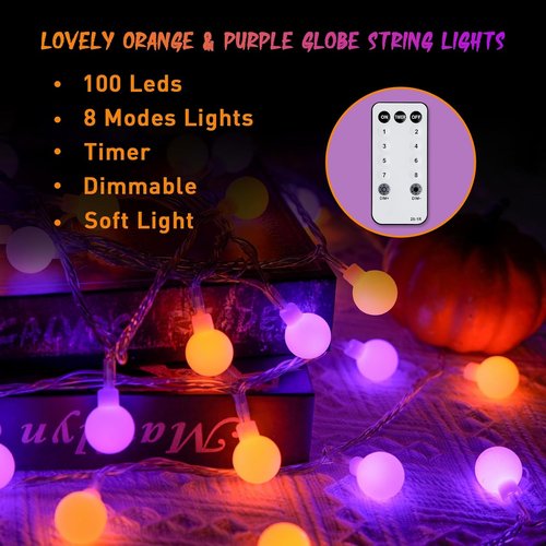 JMEXSUSS 100 LED Globe String Lights - 33ft Indoor/Outdoor Fairy Lights with Remote & 8 Modes | Orange & Purple