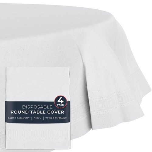 HOUZZKINGZ USA Paper Tablecloths for Round Tables | 4 Pack | White, 3-Ply Premium Paper & Plastic Table Cloths for Parties, Disposable