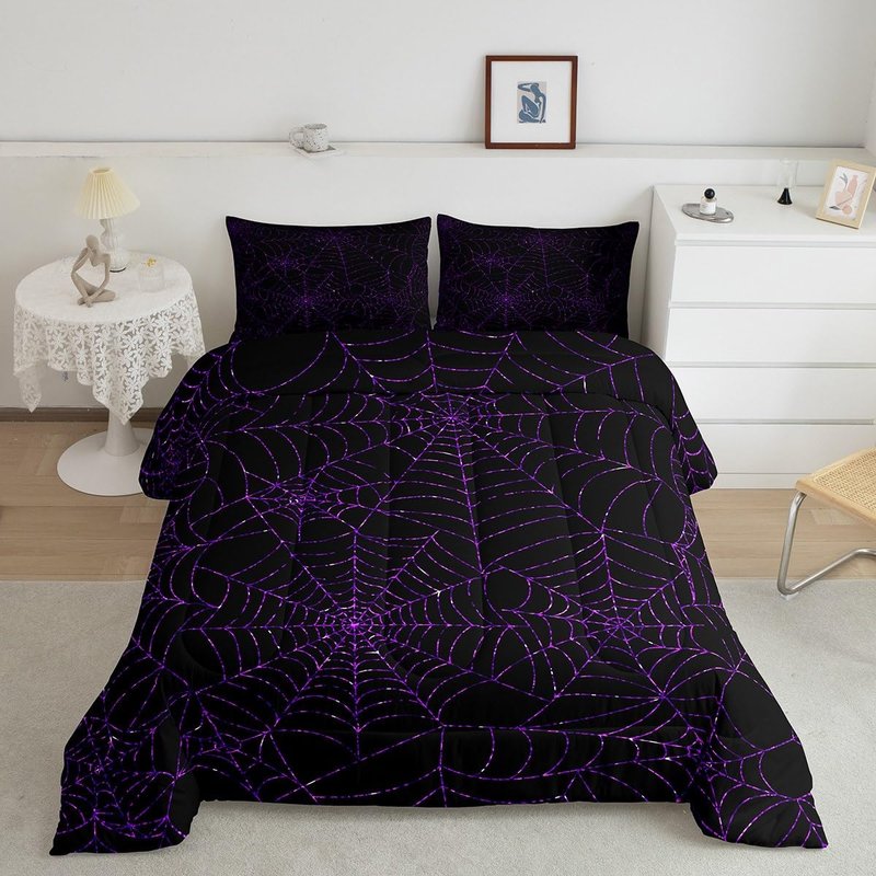 Spider Web Comforter Set Queen Size Geometric Purple Glitter Lines Bedding Set 3Pcs Halloween Quilt Set for Kids Girls Boys Women Room Decor Exotic Hippie Black Duvet Insert,2 Pillowcases