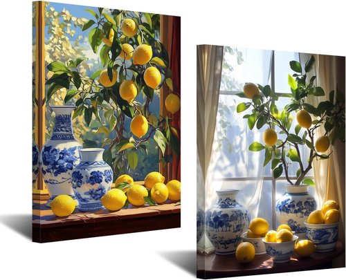 CXHOSTENT Kitchen Lemon Wall Decor - 2 Panel Yellow Citrus Fruit Art | Botanical Farmhouse Artwork (11x14 Inches)