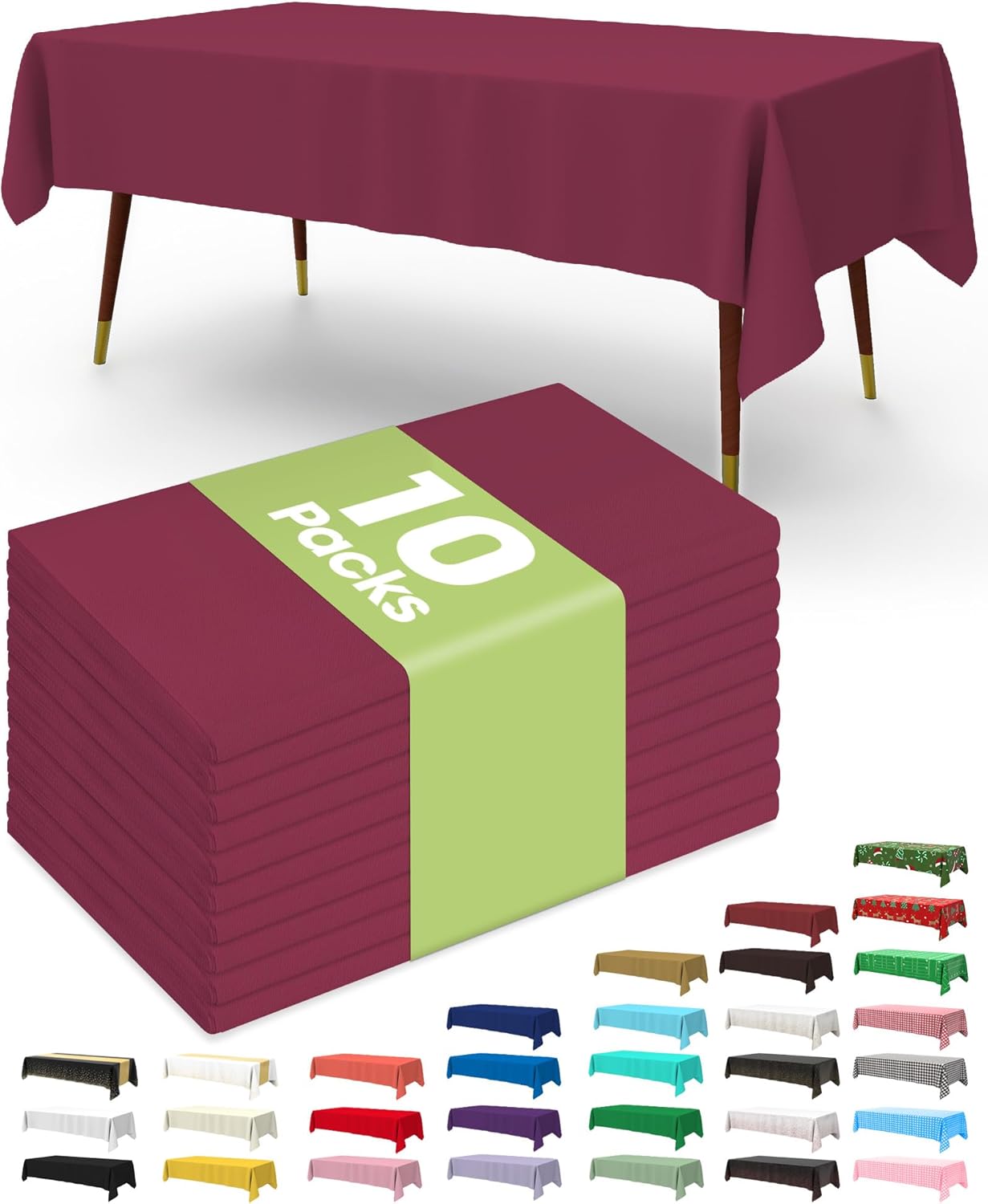 Pureegg Disposable Plastic Tablecloths - 10 Pack, 54 x 108 Inch, Leakproof Burgundy for Parties & Thanksgiving