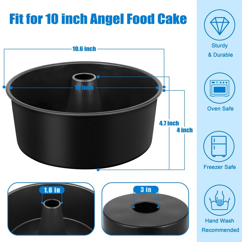 TeamFar 10 Inch Angel Food Cake Pan, Non-Stick Coating Stainless Steel Core Pound Cake Pan with Tube, Healthy & Heavy-Duty, One-piece & Hollow Design, Release Easily & Easy Clean, Set of 2