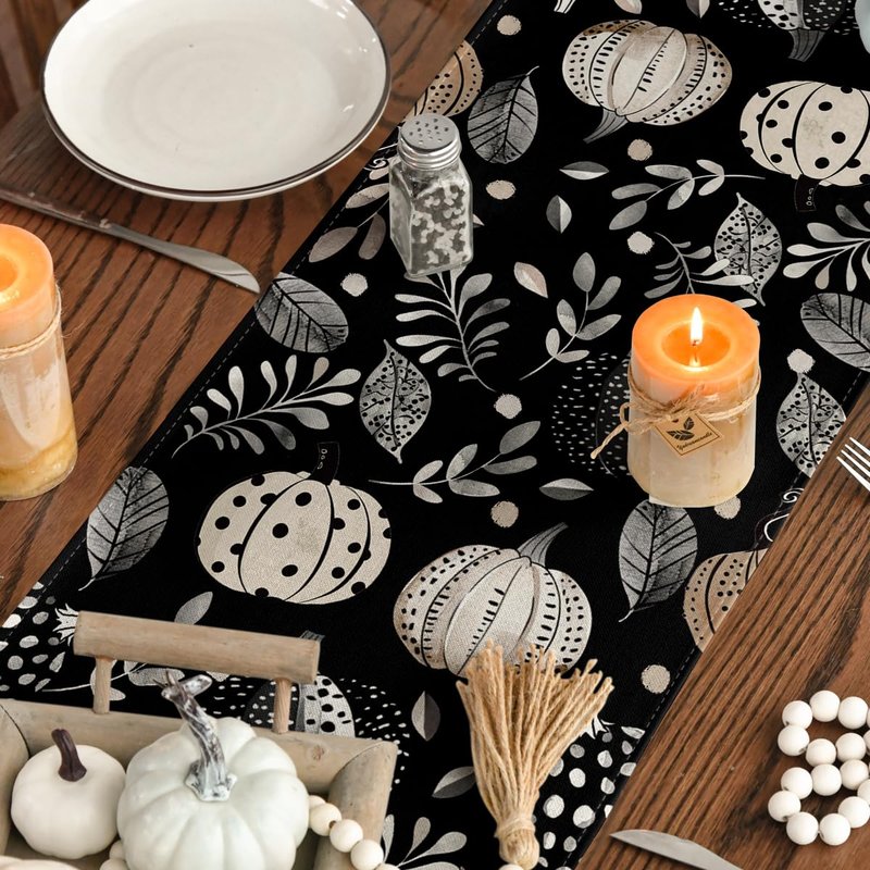 Artoid Mode Harvest Pumpkin Darkness Floral 210 GSM Fall Table Runner, Seasonal Autumn Kitchen Dining Table Decoration for Home Party Decor 13x108 Inch