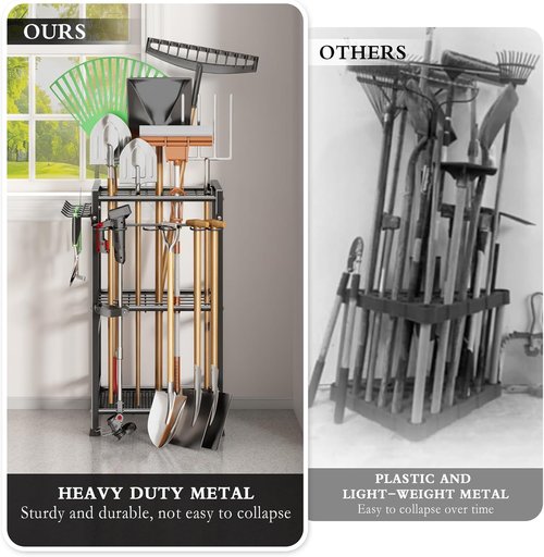 CICUFY Heavy-Duty Garden Tool Organizer - Metal Rack with Extra Hooks for Up to 35 Long Handled Tools | Black