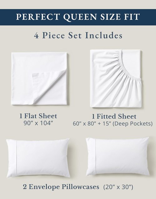 Lane Linen Organic Cotton Queen Sheet Set - Eco-Friendly, Soft & Comfy, 15" Deep Pocket - White