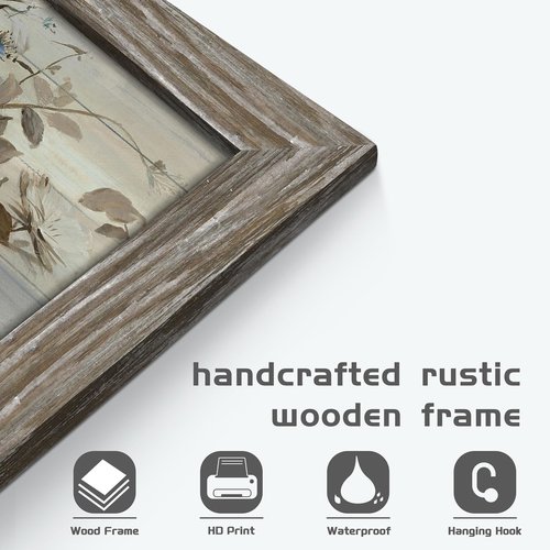 Rose Bouquet Framed Wall Art - Brown Rustic Flower Painting Abstract Floral in Vase Picture Botanical Prints Wooden Artwork for Bedroom Farmhouse