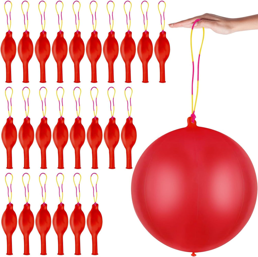 Skiennix 24 Pcs Red Punch Balloons - Heavy Duty Bounce Balloons with Rubber Band Handle for Kids' Parties