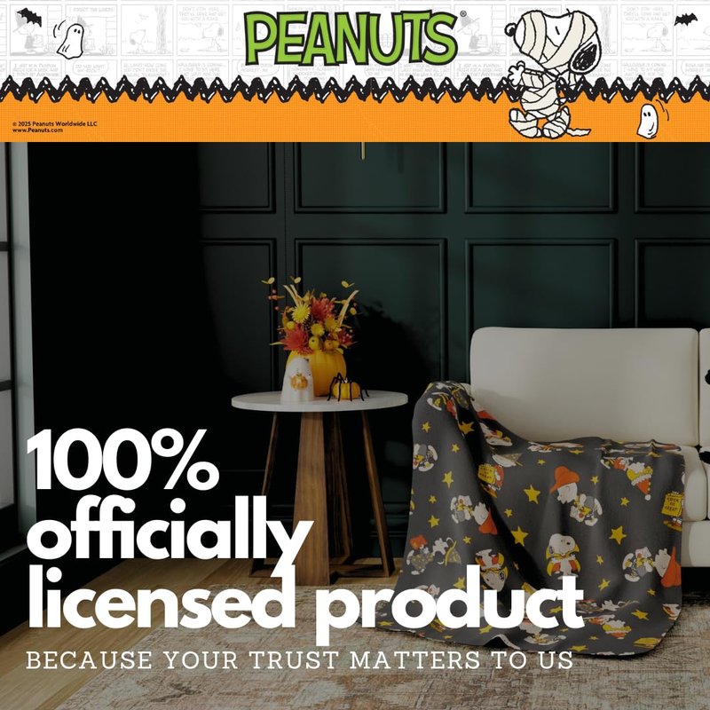 Peanuts Snoopy Cozy Throw 46 in x 60 in – Soft Cozy Plush for Couch, Bed & Travel, Halloween Snoopy & Charlie Brown Design (Officially Licensed Product) by Franco Collectibles