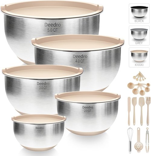 Deedro Premium Mixing Bowls Set - 22 Pcs Stainless Steel with Airtight Lids | Non-Slip Silicone Base, Khaki