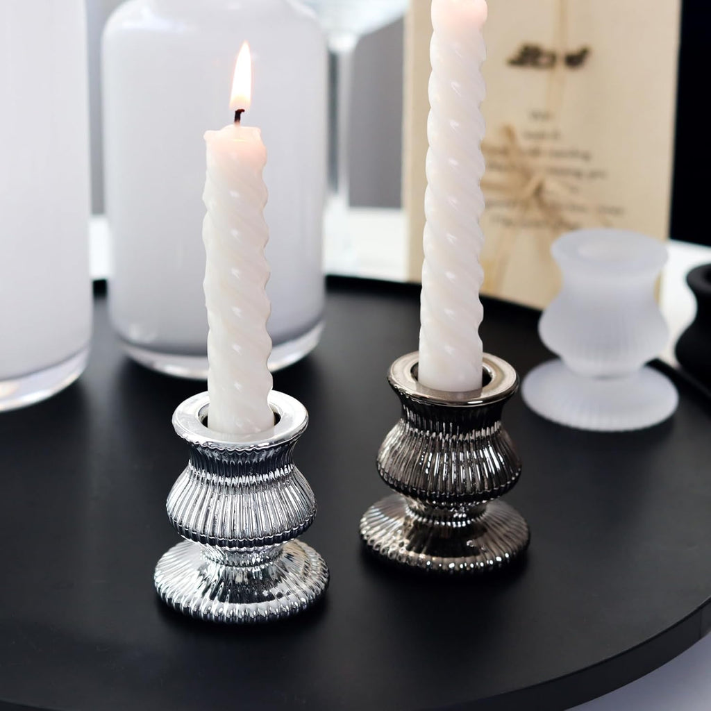 WDHODEC Black & White Candlestick Holders - 12PCS Glass Taper Holders for Elegant Table Centerpieces