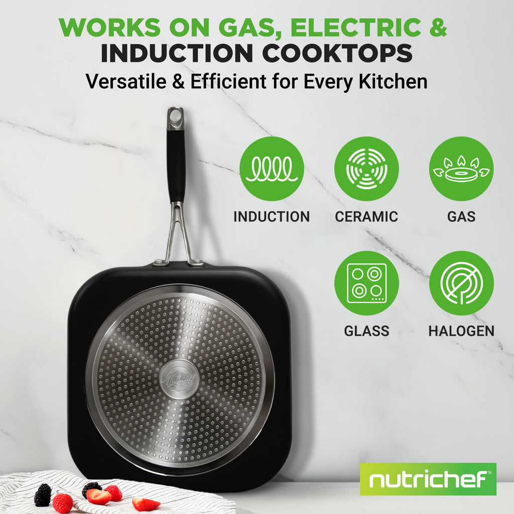 NutriChef Hard Anodized Nonstick Griddle Pan -PFOA/PFOS Free Non-Stick Griddle Pan 3 Layers Copper Non-Stick Coating Inside, Hard-Anodized Look Heat Resistant Lacquer Outside, Silicone Handle NCSQPA.5