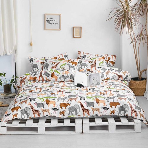 BlueBlue Safari Kids Duvet Cover Set Queen, 100% Cotton Bedding for Boys Girls Teens Lion Elephant Rhino Giraffe Zebra Zoo Print on White, 1 Full Soft Comforter Cover 2 Pillow Shams