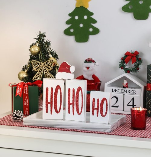 Ho Wood Christmas Blocks - Festive Wooden Tabletop Decor for Holiday Parties | 4 White Signs