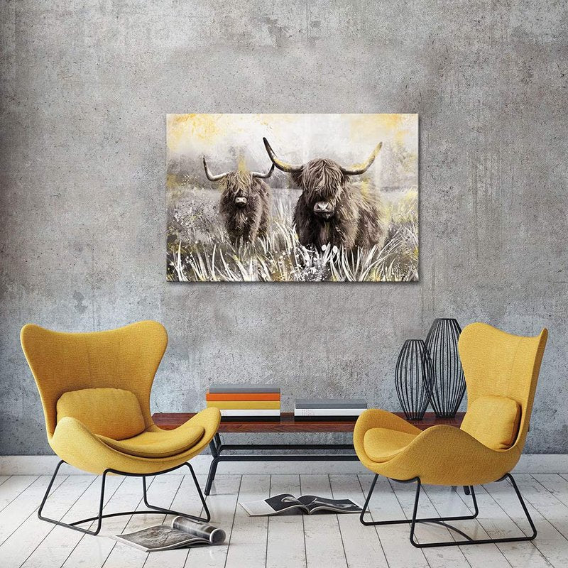 Derkymo Highland Cow Picture Wall Decor Canvas Art Farm Animal Artwork Farmhouse Decorations Framed Easy to Hang 24"x36"