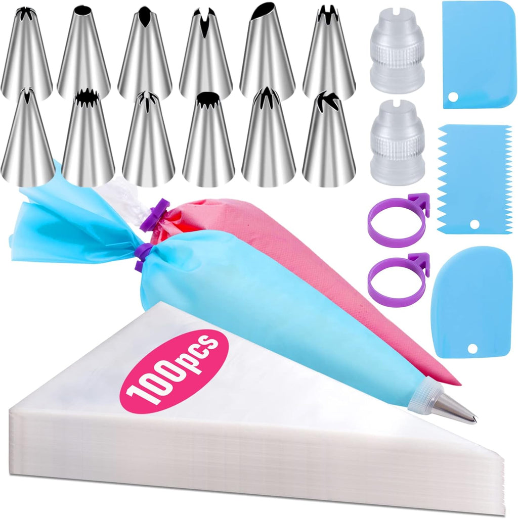 Regine Switzerland Piping Bags and Tips Set - 100 Pcs Disposable 12-Inch Icing Bags for Cake Decorating